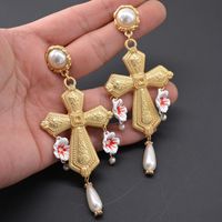 Nouveau Baroque Rococo Sicilienne D'été Bohème Ethnique Style Perle Strass Croix Boucles D'oreilles main image 1
