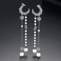 Jinse Xinyue Ohrringe Kupfer Eingelegtes 3a Zirkon Langes Koreanisches Quasten Perlen Mädchen Mond Förmiges Geschenk Ohrringe main image 3