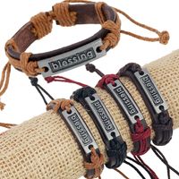 Retro Hand Gewebte Englische Buchstaben Blessing Rindsleder Armband Einfache Ausziehbare Verstellbare Leder Armband Armband main image 1