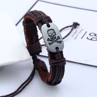 Grenz Überschreiten Der Heiß Verkaufter Schmuck Personal Isierte Hand Gewebte Retro-rindsleder-armband Zink Legierung Schädel Herren Armband Schmuck main image 4