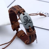 Grenz Überschreiten Der Heiß Verkaufter Schmuck Personal Isierte Hand Gewebte Retro-rindsleder-armband Zink Legierung Schädel Herren Armband Schmuck main image 5