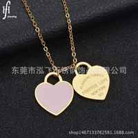 Nouveau 304 En Acier Inoxydable Pêche Coeur Émail Clavicule Chaîne Double Coeur Bleu Peinture Émail Rose Coeur Collier Pour Les Femmes main image 6