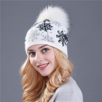 Laine De Fourrure De Lapin Mélange Cap De Noël Flocon De Neige Pull Réel 15cm Raton Laveur Laine Chapeau  Tricoté Chapeau Femmes main image 12