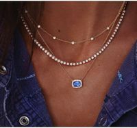 2019 Mode Géométrie Motif Diamant Perlé Chaîne Gemme Bleue Multi-couche Collier Clavicule Chaîne main image 1