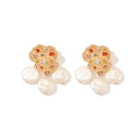 Irregular Pearl Metal With Colored Diamond Stud Earrings main image 6