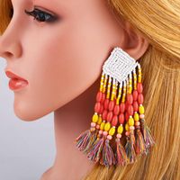 Bohemian Hand-woven Long Geometric Rice Beads Tassel Earrings main image 3