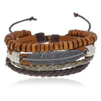 Vintage Multilayer Alloy Feather Cowhide New Wood Bead Bracelet main image 1