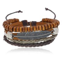 Vintage Multilayer Alloy Feather Cowhide New Wood Bead Bracelet main image 2