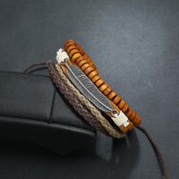 Vintage Multilayer Alloy Feather Cowhide New Wood Bead Bracelet main image 3