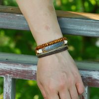 Vintage Multilayer Alloy Feather Cowhide New Wood Bead Bracelet main image 6