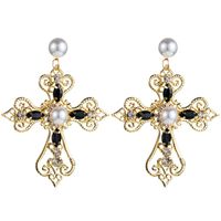 Earrings Women's Fashion Retro Baroque Diamond Cross Long Paragraph With Pearl Earrings sku image 1