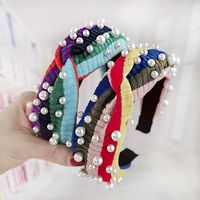Simple Wild Rainbow Pearl Hairpin Stripe Knit Wool Wide Wash Headband main image 1