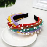 Simple Wild Rainbow Pearl Hairpin Stripe Knit Wool Wide Wash Headband sku image 3