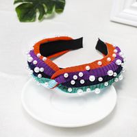 Simple Wild Rainbow Pearl Hairpin Stripe Knit Wool Wide Wash Headband sku image 4