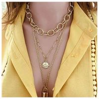 Temperament Sun Flower Smiley Lock Pendant Exaggerated Chain Multilayer Necklace Female main image 1