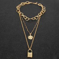 Temperament Sun Flower Smiley Lock Pendant Exaggerated Chain Multilayer Necklace Female main image 4