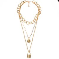 Temperament Sun Flower Smiley Lock Pendant Exaggerated Chain Multilayer Necklace Female main image 5