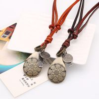 Long Necklace Chain Sweater Art Retro Leather Rope Leather Adjustable Alloy Hollow Flower Pendant main image 3