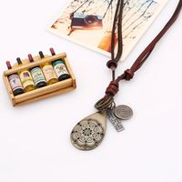 Long Necklace Chain Sweater Art Retro Leather Rope Leather Adjustable Alloy Hollow Flower Pendant main image 6
