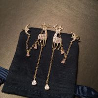 S925 Silver Needle Christmas Deer Long Tassel Earrings Pink Star Moon Ear Bone Clip Earrings main image 3