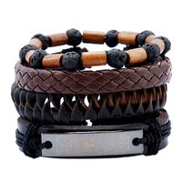 Retro Geometric Pu Leather Wooden Beads Hemp Rope Braid Men's Bracelets sku image 1