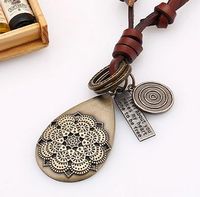 Long Necklace Chain Sweater Art Retro Leather Rope Leather Adjustable Alloy Hollow Flower Pendant sku image 1