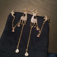 S925 Silver Needle Christmas Deer Long Tassel Earrings Pink Star Moon Ear Bone Clip Earrings sku image 1