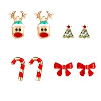 Four Pairs Of Cartoon Christmas Deer Earrings Christmas Tree Bow Earrings Deer Head Cane Earrings main image 6
