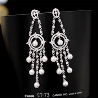 S925 Silver Needle Wang Hao With The Same Paragraph High-grade Slim Pearl Earrings Long Tassel Heavy Work Zircon Earrings Banquet Wild main image 1