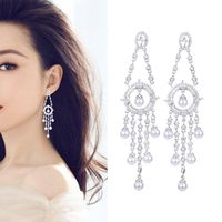 S925 Silver Needle Wang Hao With The Same Paragraph High-grade Slim Pearl Earrings Long Tassel Heavy Work Zircon Earrings Banquet Wild main image 6