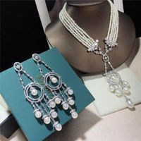 S925 Silver Needle Wang Hao With The Same Paragraph High-grade Slim Pearl Earrings Long Tassel Heavy Work Zircon Earrings Banquet Wild main image 5