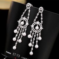 S925 Silver Needle Wang Hao With The Same Paragraph High-grade Slim Pearl Earrings Long Tassel Heavy Work Zircon Earrings Banquet Wild main image 4
