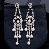 S925 Silver Needle Wang Hao With The Same Paragraph High-grade Slim Pearl Earrings Long Tassel Heavy Work Zircon Earrings Banquet Wild sku image 1