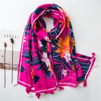 Cotton And Linen Scarf Warm Rose Red Tone Tropical Plant Color Tassel Wholesale Trend main image 1