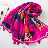 Cotton And Linen Scarf Warm Rose Red Tone Tropical Plant Color Tassel Wholesale Trend main image 5