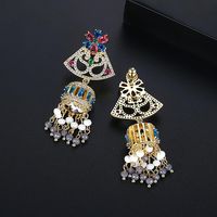 Stud Earrings Retro Palace Color Tassel Wind Chimes Women's Copper Inlaid Zirconium National Wind Earrings main image 4