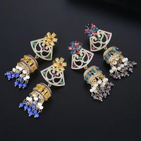 Stud Earrings Retro Palace Color Tassel Wind Chimes Women's Copper Inlaid Zirconium National Wind Earrings main image 5