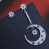 9982 Exquisite 925 Silver Needle Korean Fashion Copper Micro-inlaid Zircon Star And Moon Asymmetrical Personality Earrings sku image 1