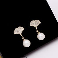 Ginkgo Leaf Zircon Pendientes S925 Silver Needle Pearl Stud Aretes Para Mujer main image 2