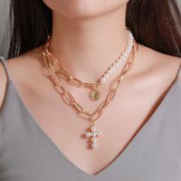 New Money Decoration Exaggerated Pearl Cross Necklace Female Thick Chain Multi-layer Round Portrait Pendant main image 1