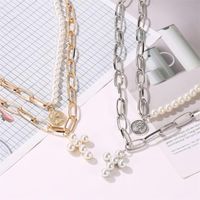 New Money Decoration Exaggerated Pearl Cross Necklace Female Thick Chain Multi-layer Round Portrait Pendant main image 3