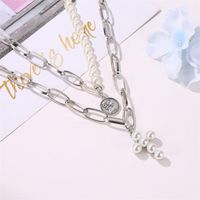 New Money Decoration Exaggerated Pearl Cross Necklace Female Thick Chain Multi-layer Round Portrait Pendant main image 4