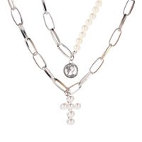 New Money Decoration Exaggerated Pearl Cross Necklace Female Thick Chain Multi-layer Round Portrait Pendant sku image 2