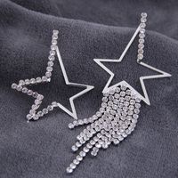 925 Silver Needle Fashion Metal Flash Diamond Pentagram Tassel Asymmetric Exaggerated Personality Stud Earrings sku image 1