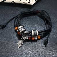 Fashion Multi-layer Woven Leaf Pendant Men's Leather Bracelet main image 5