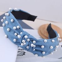 Nailed Pearl Denim Fabric Knotted Hairpin Hair Accessories Retro Middle Knot Headband Hair Jewelry Women main image 3