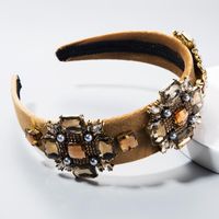 Hair Accessories Ultra Flash Glass Rhinestone Flower Gold Velvet Hoop Widens Retro Baroque Headband main image 5