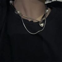 Korea Dongdaemun Fashion Hip-hop Windy Cool Steel Double-layer Love Pearl Clavicle Chain Tide Female Temperament Necklace main image 3