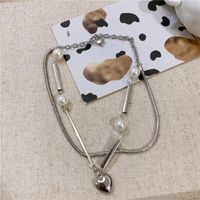 Korea Dongdaemun Fashion Hip-hop Windy Cool Steel Double-layer Love Pearl Clavicle Chain Tide Female Temperament Necklace main image 5