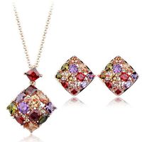 Rainbow Zircon Set Square Pendant Necklace Earrings Set main image 1